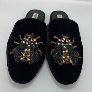 Steve Madden Black Velvet Mule loafers with Gold and Green Beetle Embellishments